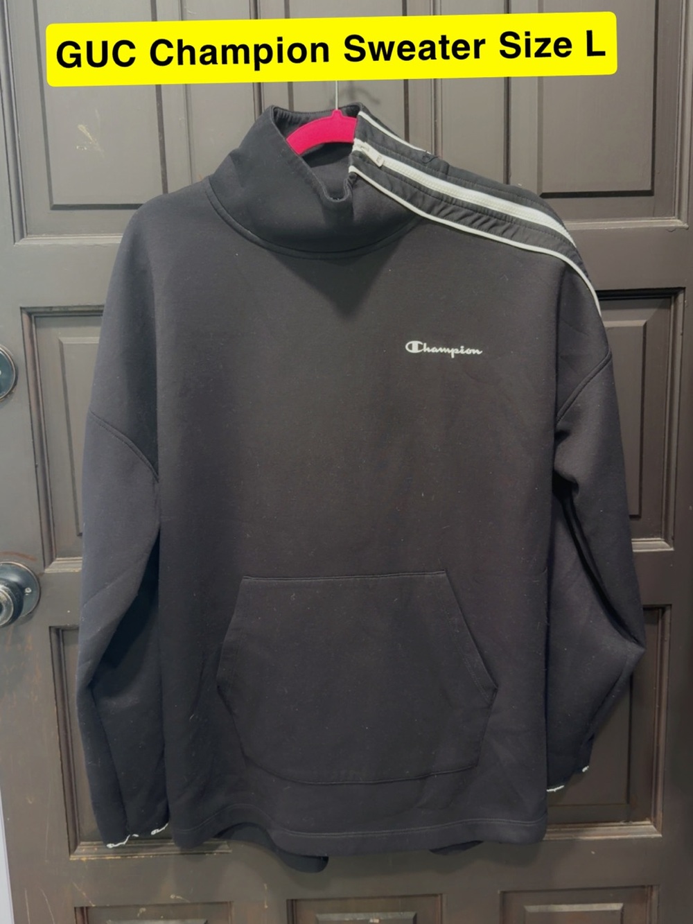 Champion Black Sweatshirt with White Logo Tape and Blue/Red Chest Logo
